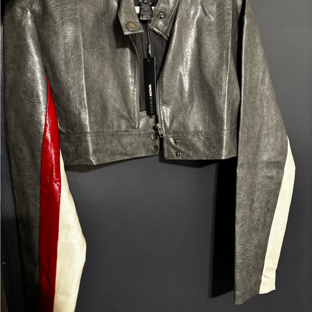 Gray Leather Jacket with Red and White Accents
